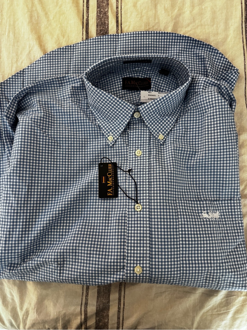 Blue Gingham Button-Down Dress Shirt by F.A. MacCluer, Grand Hotel logo